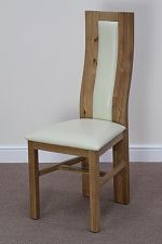 Curved Back Solid Oak and Cream Leather Dining Chair