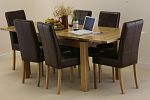 4ft 7" x 3ft Solid Oak Extending Dining Table + 6 Brown Leather Stitch Back Chairs