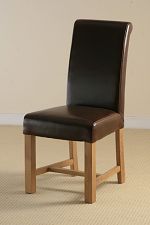Braced Scroll back Leather Dining Chair with Oak Legs (Brown)