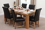 Chunky 6ft x 3ft Solid Oak Dining Table with 6 Black Leather Braced Chairs