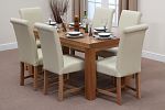 Chunky 5ft x 2ft 6" Solid Oak Dining Set with 6 Braced Cream Scroll Back Leather Chairs