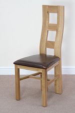 Wave Back Solid Oak and Brown Leather Dining Chair