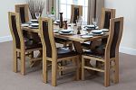 6ft x 3ft Solid Oak Crossed Leg Dining Table with 6 Curved Back Brown Leather Chairs