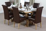 6ft x 3ft Solid Oak Crossed Leg Dining Table with 6 Scroll Back Brown Leather Chairs