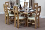 6ft x 3ft Solid Oak Crossed Leg Dining Table with 6 Wave Back Cream Leather Chairs
