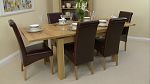 4ft 7" x 3ft Solid Oak Extending Dining Table + 6 Brown Leather Scroll Back Chairs