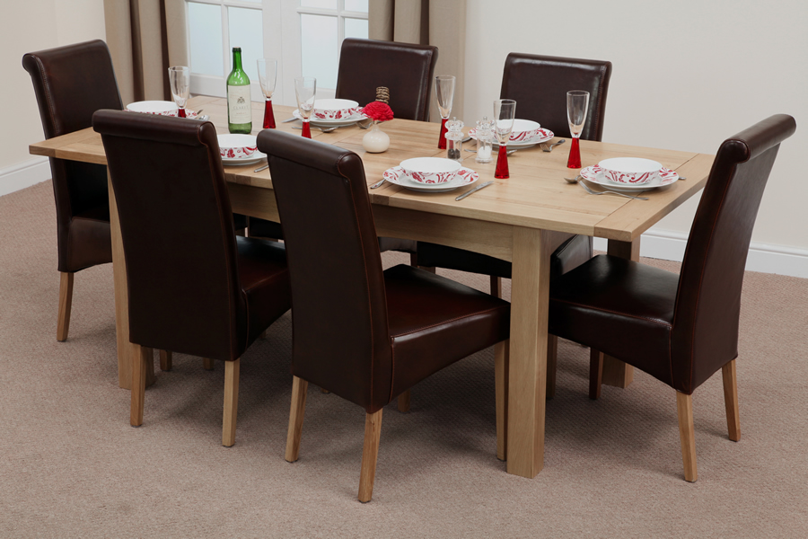 5ft x 3ft Cairo Solid Oak Extending Dining Table + 6 Brown Leather Scroll Back Dining Chairs