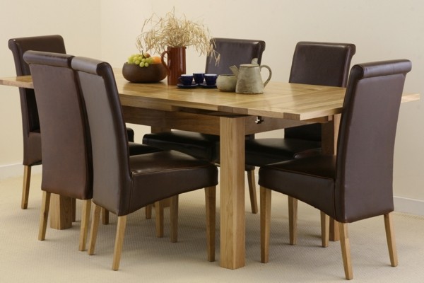4.5ft x 3ft Solid Oak Extending Dining Table + 6 Brown Leather Scroll Back Chairs