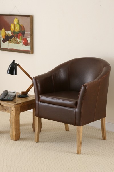 Brown Leather Tub Chair with Solid Oak Legs
