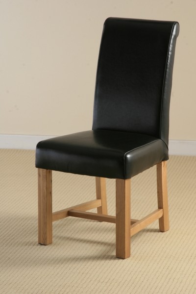 Braced Scroll back Leather Dining Chair with oak legs