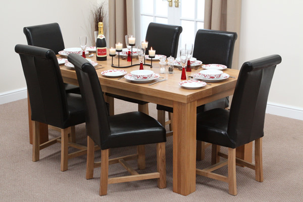 Chunky 6ft x 3ft Solid Oak Dining Table with 6 Black Leather Braced Chairs