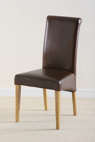 Scroll back Leather Dining Chair with oak legs