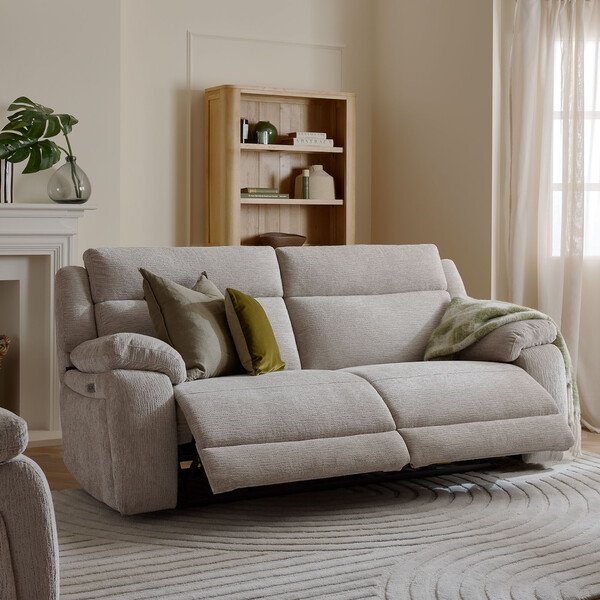 Emerson 3 Seater Luxe Natural Fabric Electric Recliner Sofa