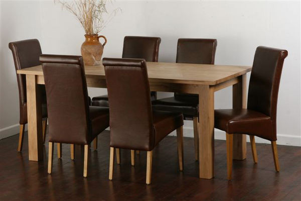 Solid Oak Dining Set With 6 Brown Scroll Back