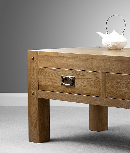 Quercus Rustic Solid Oak 4 Drawer Storage Coffee Table Lounge Furniture