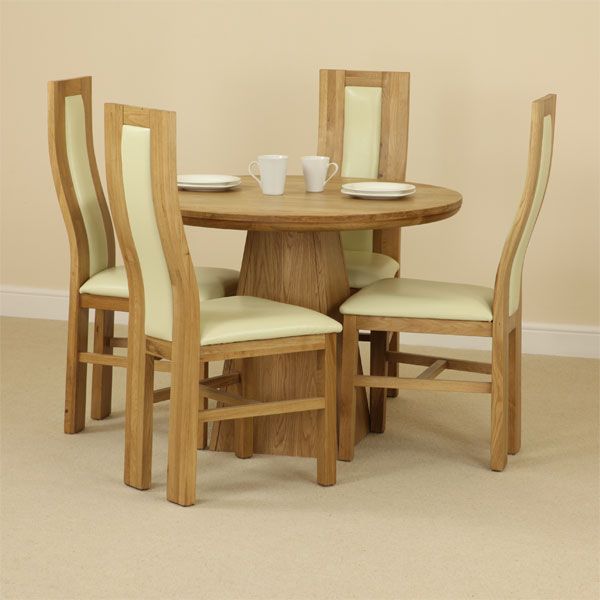 Provence Solid Oak Round Dining Table With Pyramid Base 4 Cream Curve Back Chairs Livefly