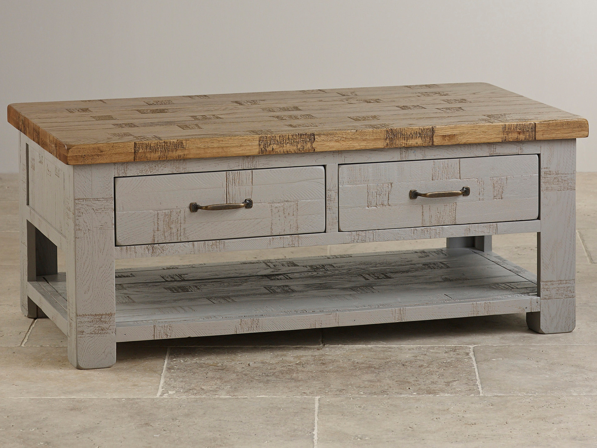 Clermont Painted Rough Sawn Solid Oak 4 Drawer Storage Coffee Table