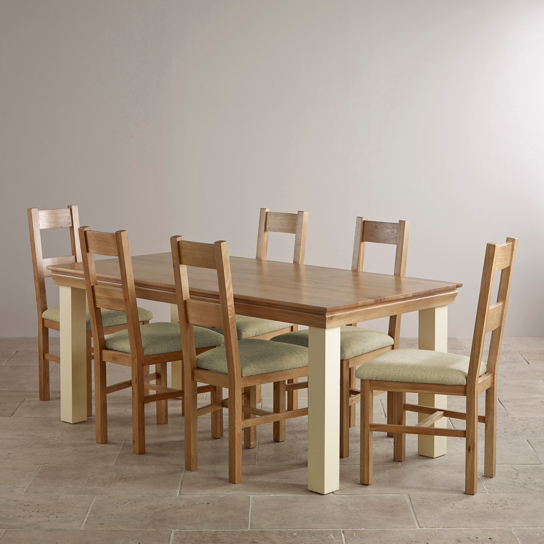 Country Cottage Natural Oak and Painted Dining Set 6ft Table with 6