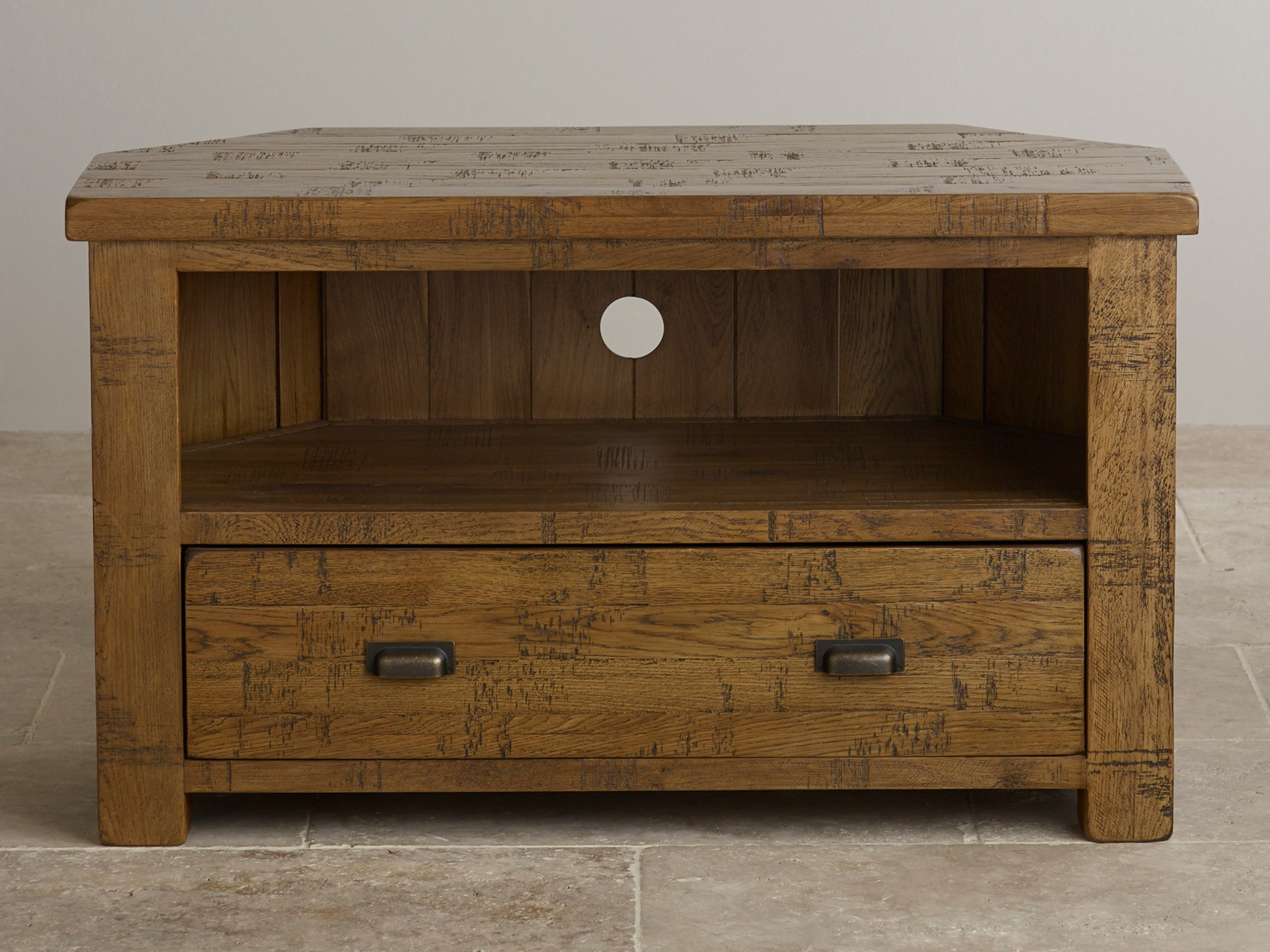 Ripley Rough Sawn Solid Oak Corner TV Unit Oak Furniture Land