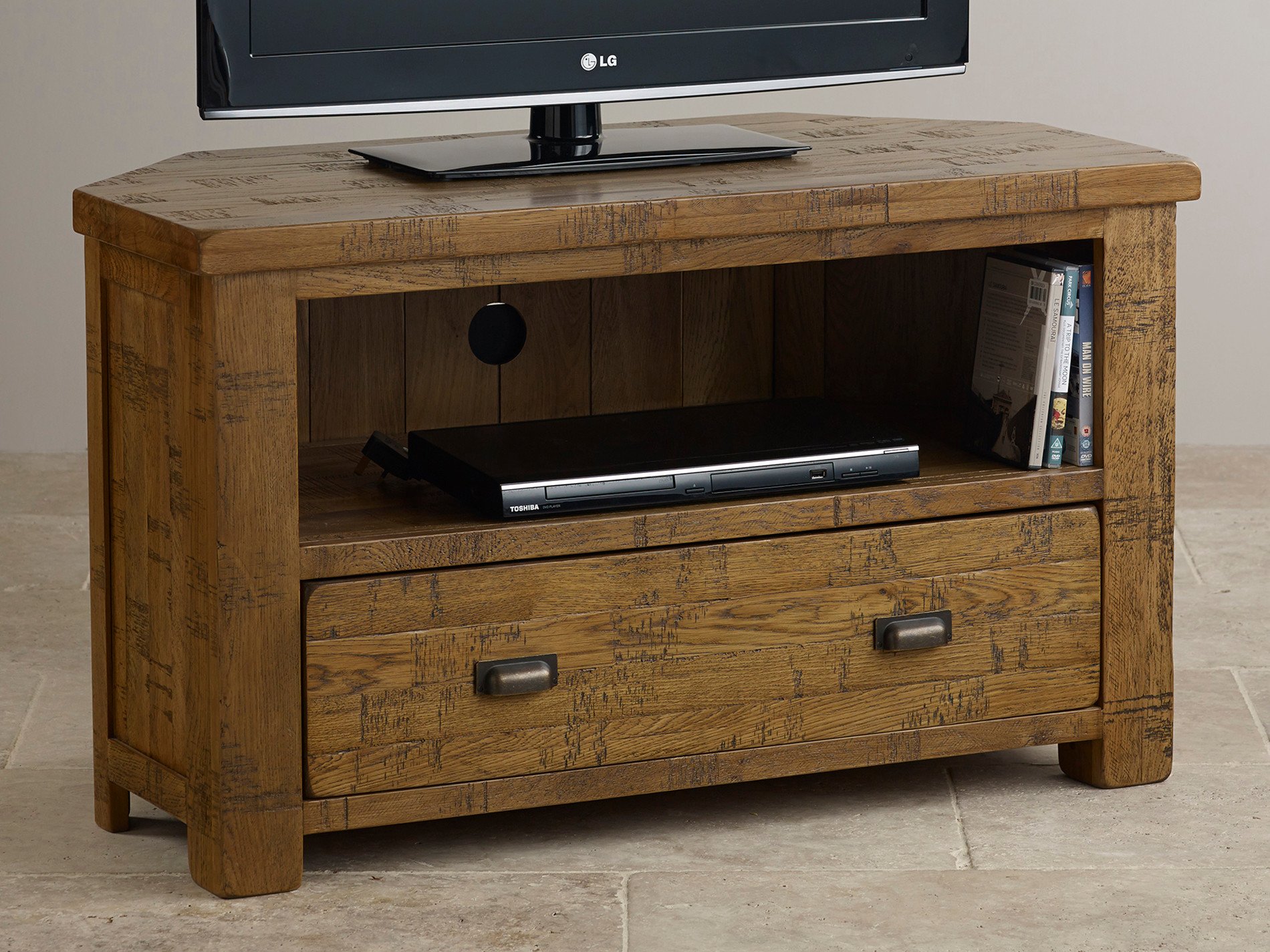 Ripley Rough Sawn Solid Oak Corner TV Unit Oak Furniture Land