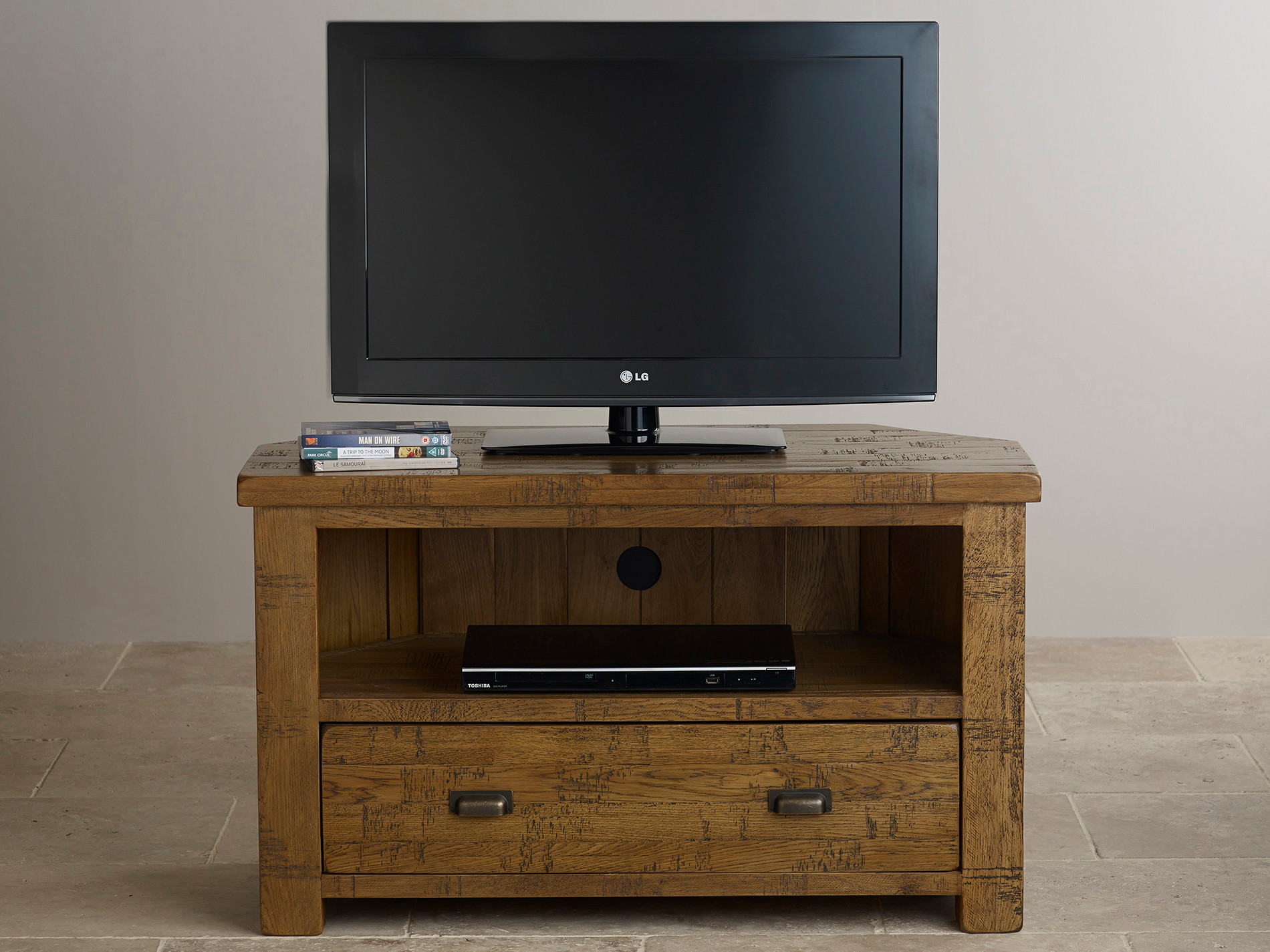 Ripley Rough Sawn Solid Oak Corner TV Unit Oak Furniture Land
