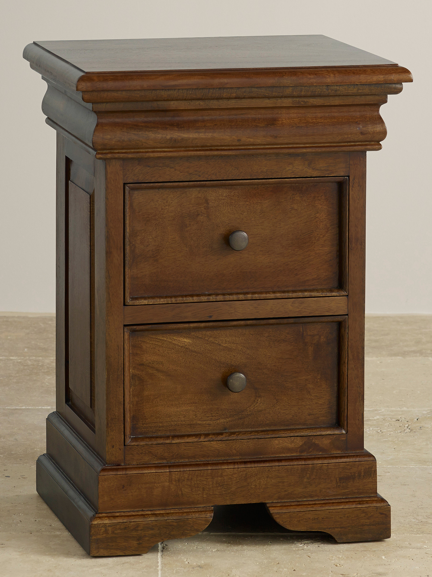 Sleigh Walnut Solid Mango 2 Drawer Bedside Table