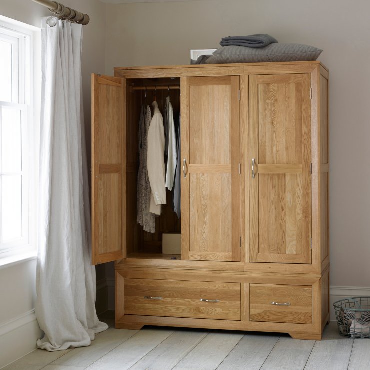 Bevel Natural Solid Oak Triple Wardrobe by Oak Furniture Land