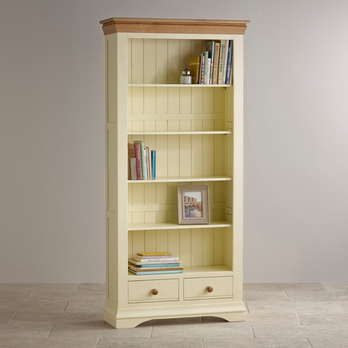 Country Cottage Natural Oak Tall Bookcase Cream Painted