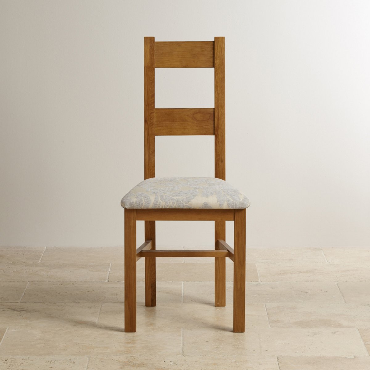 Farmhouse Rustic Solid Oak Fabric Dining Chair Grey Patterned