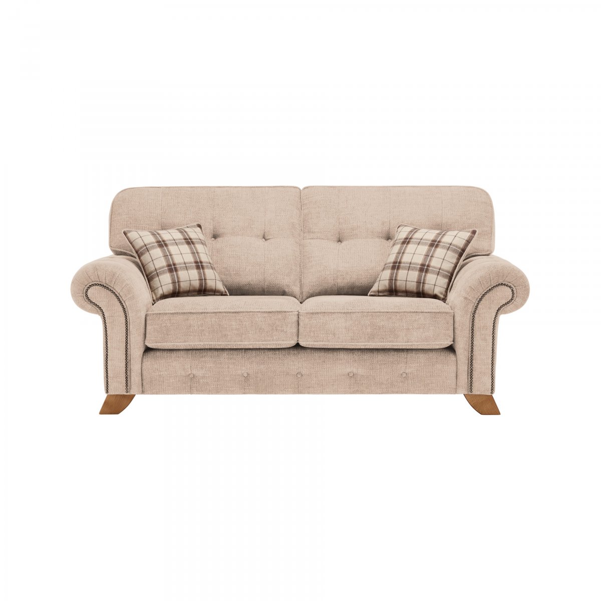 Montana 2 Seater High Back Sofa in Beige with Tartan Cushions