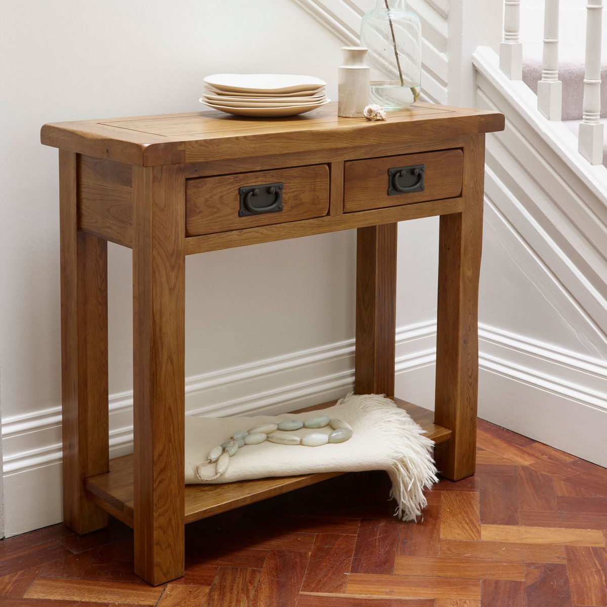 Original Rustic 2 Drawer Console Table in Solid Oak