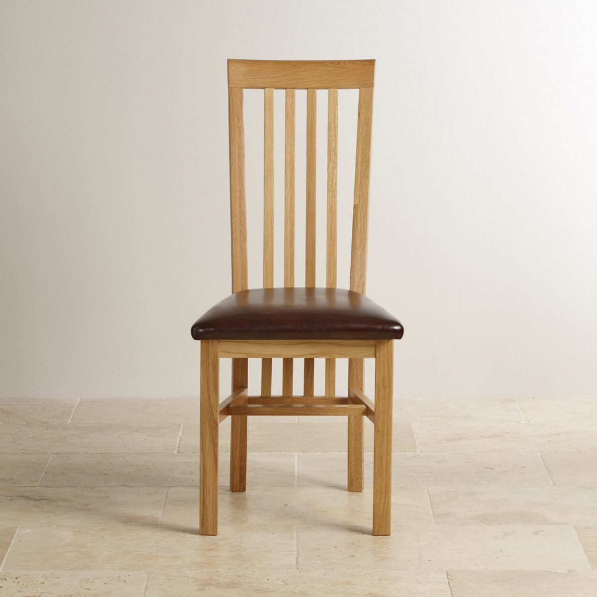 Solid Oak High Slat Back and Brown Leather Dining Chair