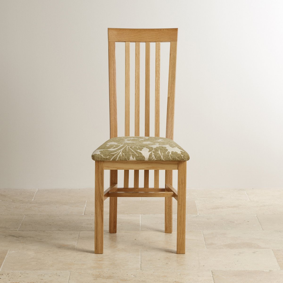Slat Back Natural Solid Oak Fabric Dining Chair Patterned Sage
