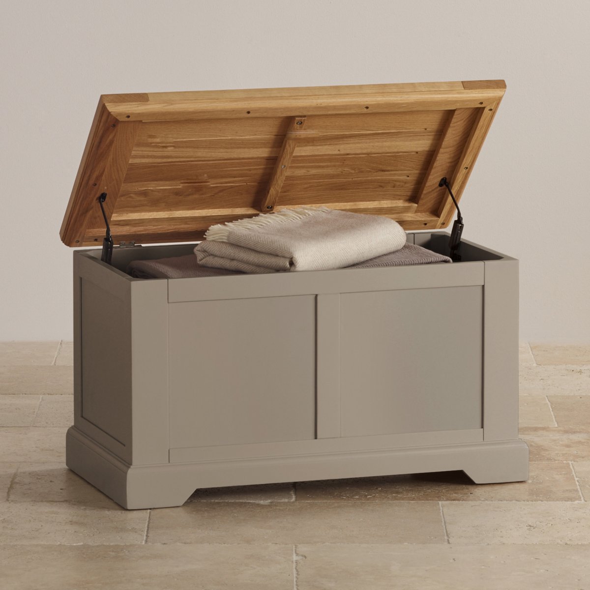 Natural oak and light grey painted blanket box.