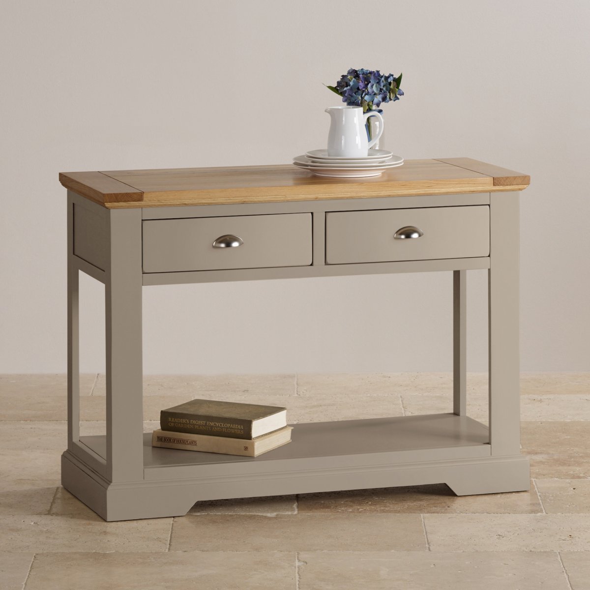 St Ives Grey Console Table with Brushed Oak Top