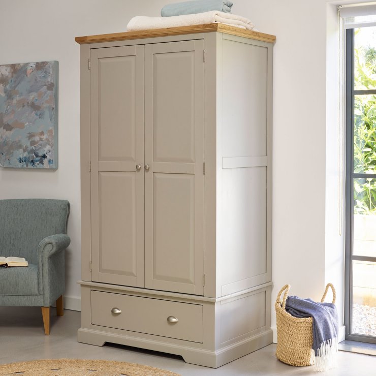 Natural oak and light grey painted double wardrobe.