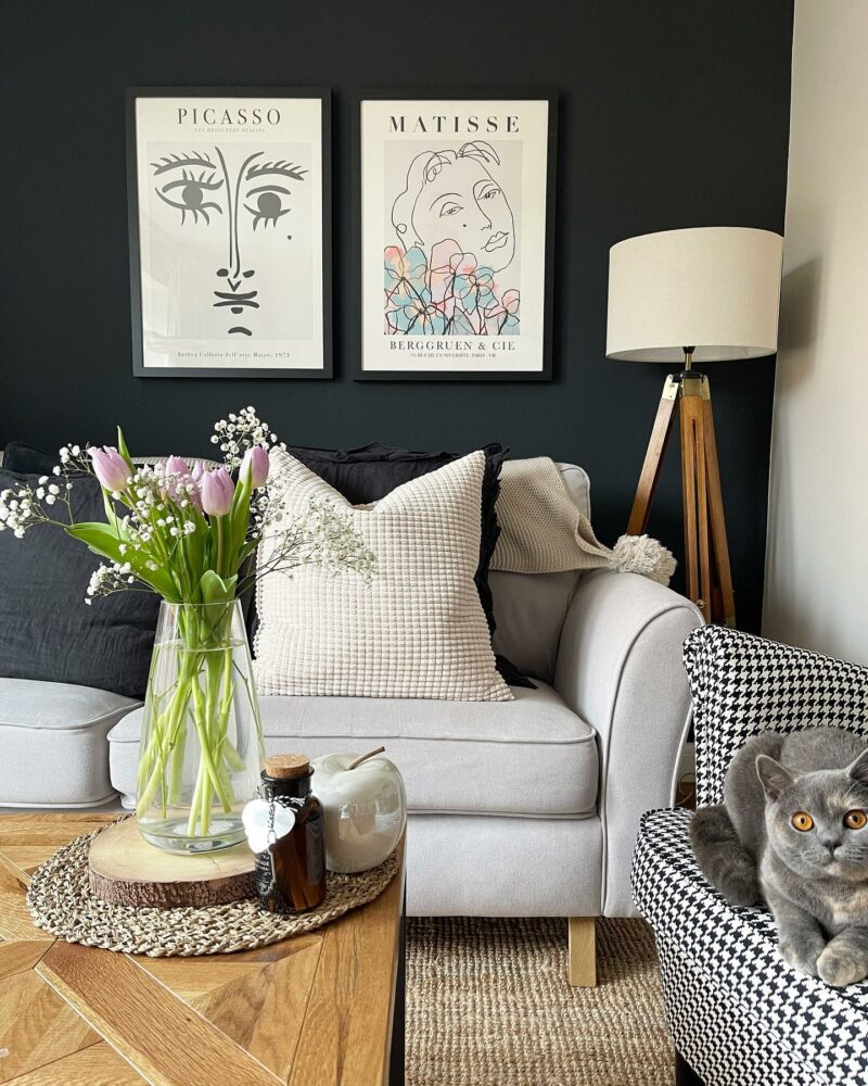 Navy blue feature wall living room