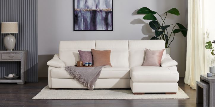 Oak Furnitureland Milano cream leather corner sofa and Willow grey furniture range.