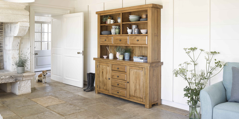 Oak Furnitureland Hercules dresser styled in a farmhouse hallway.