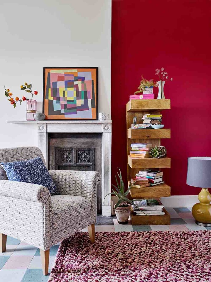 Red Wall, fireplace, abstract art