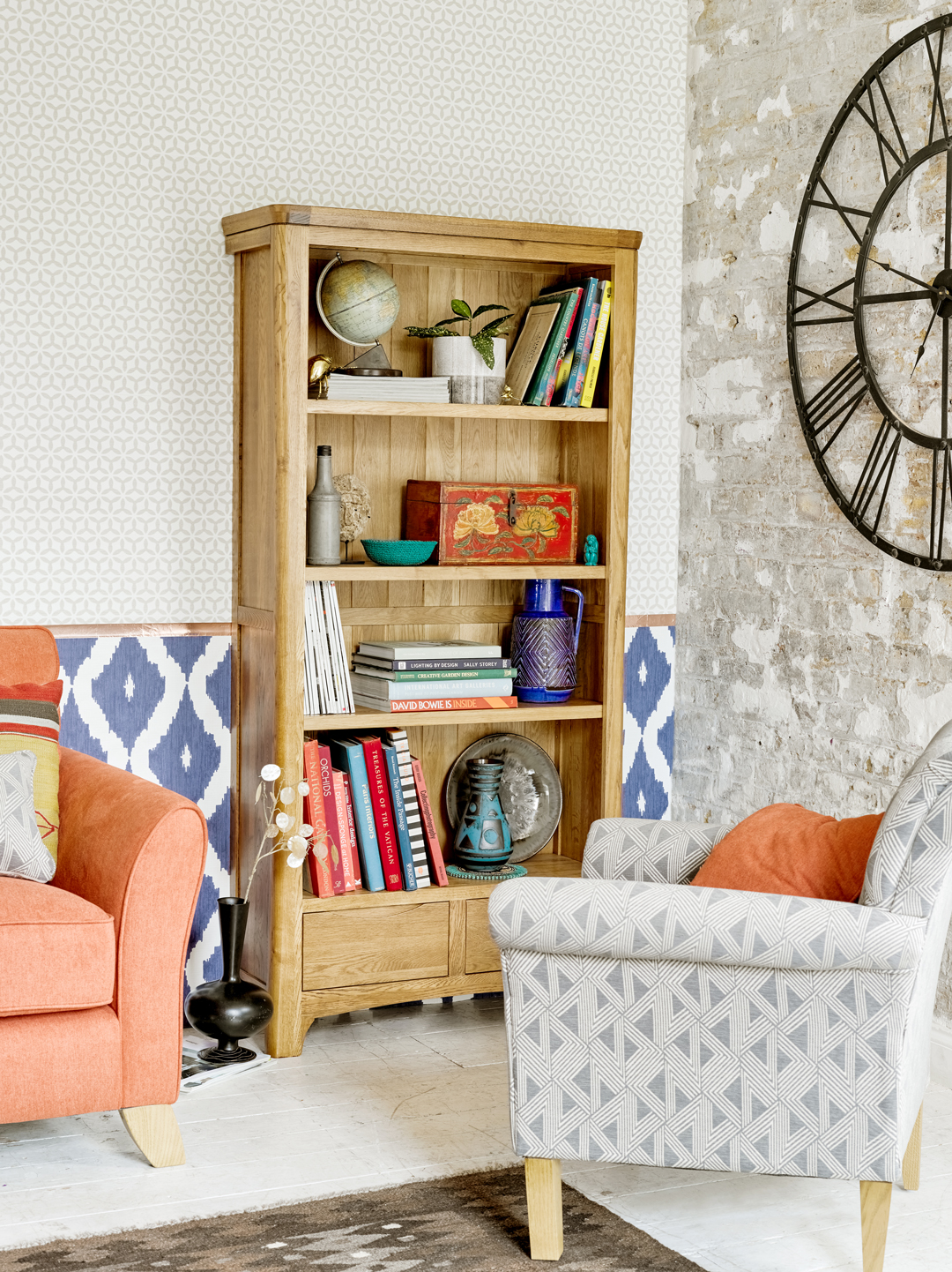 Colourful Accent Chairs and Bookcase