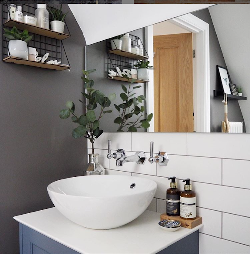 grey themed bathroom with white sink