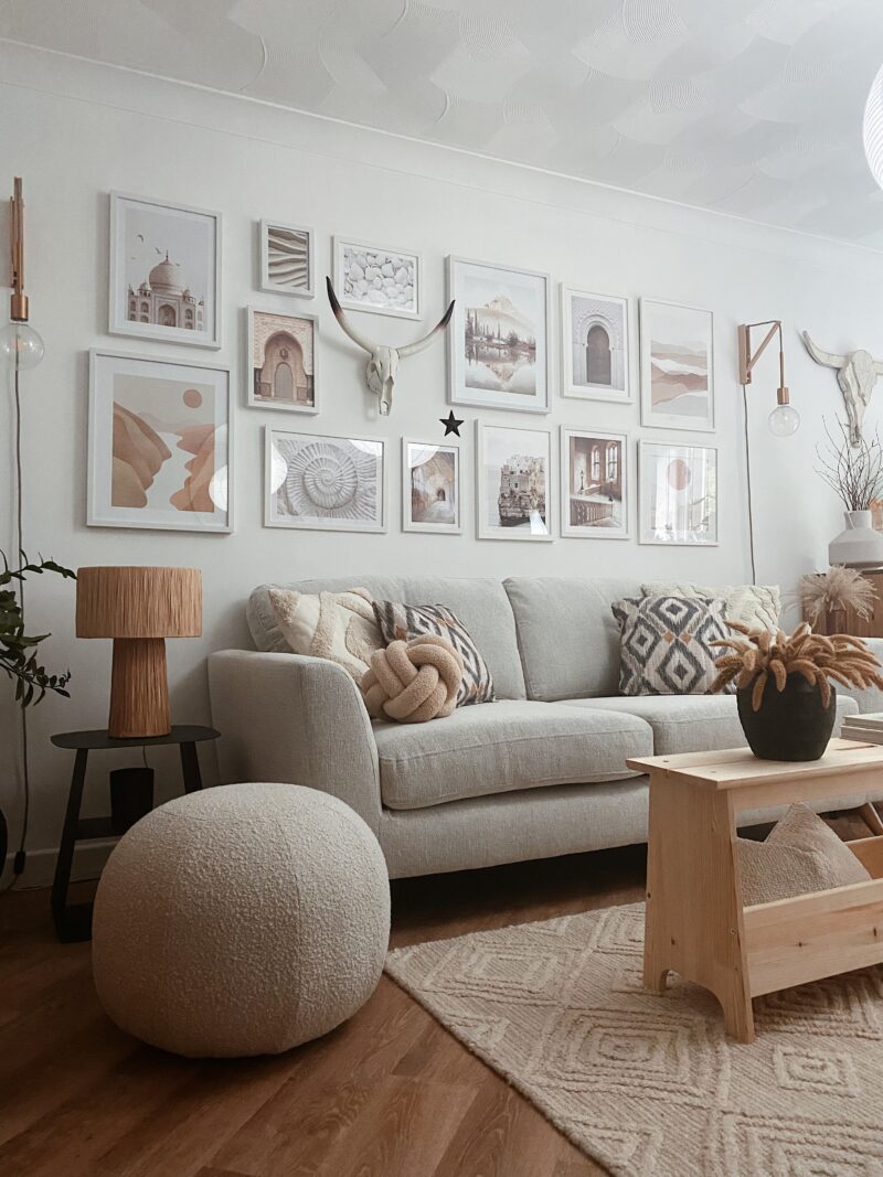 Oak Furnitureland Bridgeport cream sofa in a living room inspired by global style.