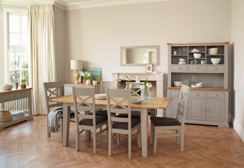 St. Ives pale grey and natural oak dining set in a spacious dining room with coordinating console table, dresser and sideboard.