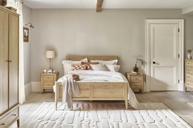 Elegant neutral bedroom featuring the Oak Furnitureland Newton light oak furniture range.