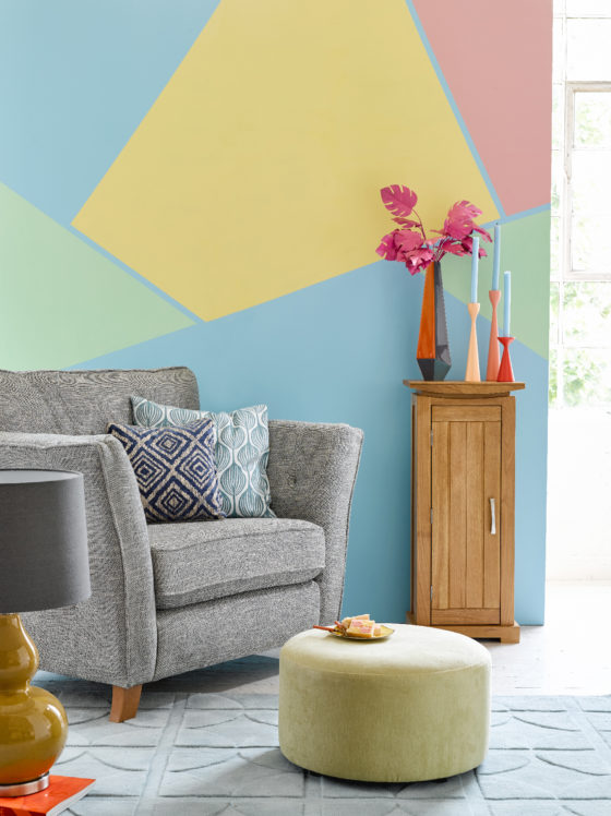 sorbet coloured geometric living room decor