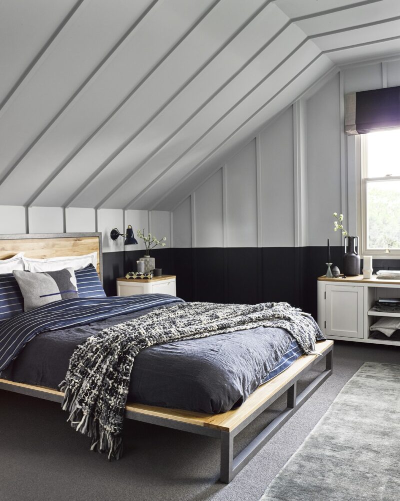Industrial style bed, grey bedroom
