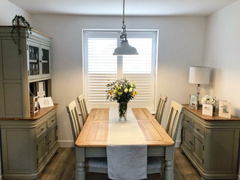 Farmhouse style painted and wood dining table, dresser and sideboard