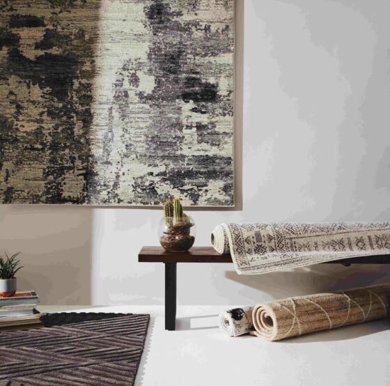 Collection of rug in a room, with one hung on the wall, one on the floor and two rolled up on a bend next to a plant.