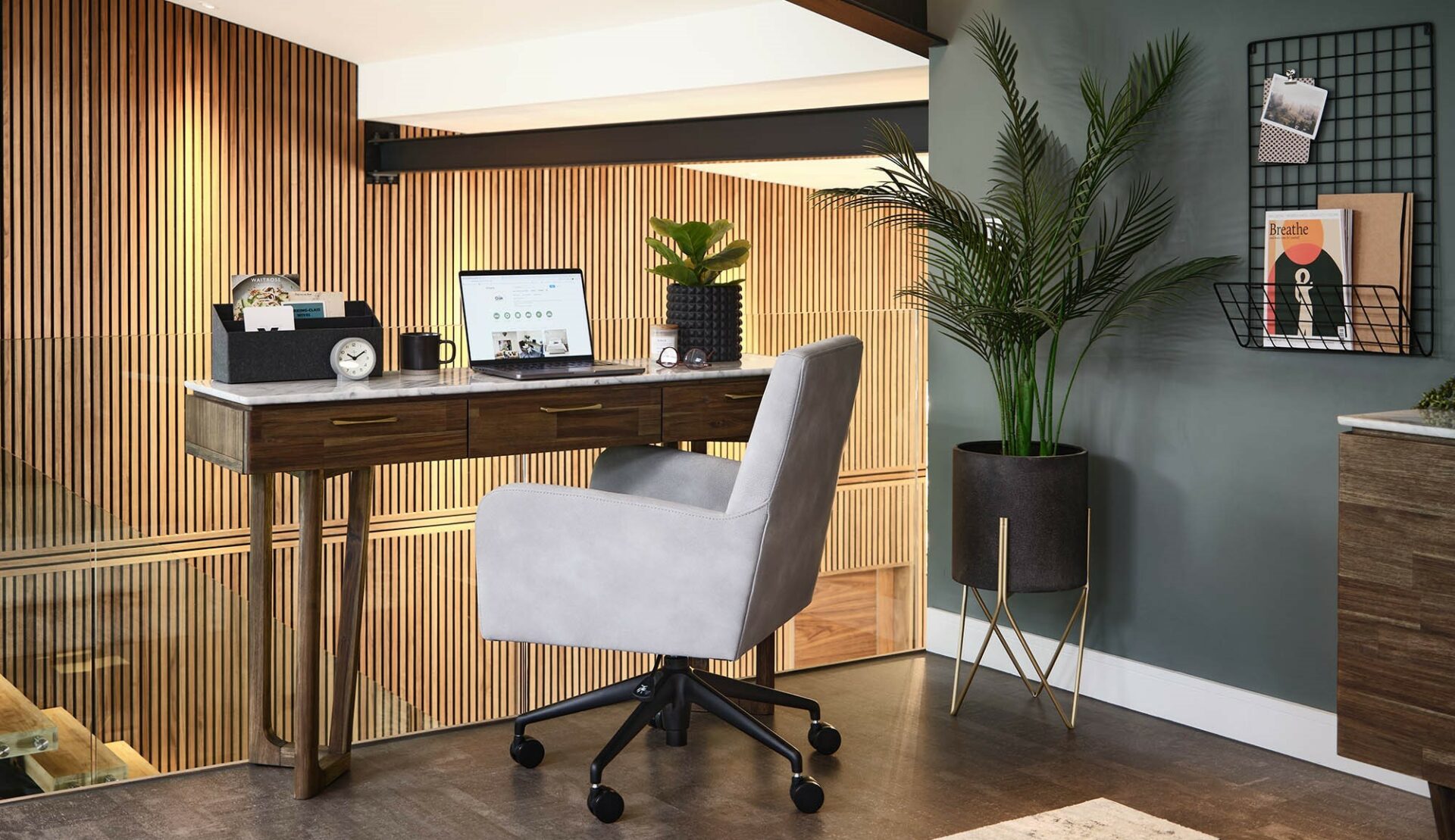 A desk and office chair-office furniture-wooden desk with drawers and upholstered office chair